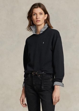 Moletons femininos pretos Ralph Lauren Fleece com gola redonda
