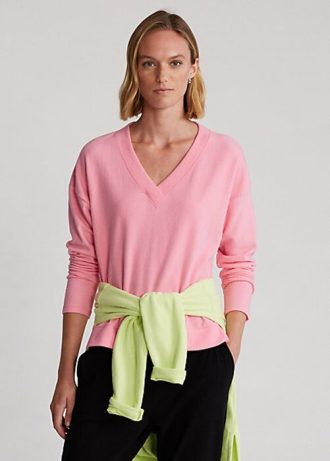 Moletons femininos Ralph Lauren com decote em V e manga comprida rosa
