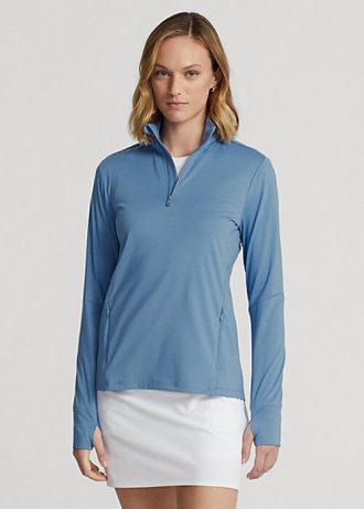 Moletons Ralph Lauren Stretch Jersey com zíper de um quarto para mulheres azuis