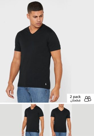 Pacote com 2 camisetas Ralph Lauren Essentials com decote em V pretas masculinas