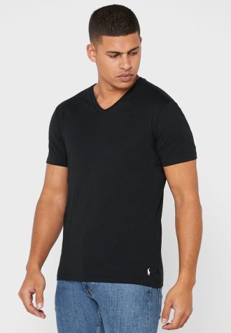Pacote com 2 camisetas Ralph Lauren Essentials com decote em V pretas masculinas