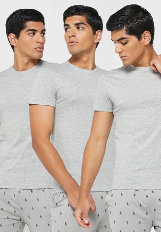 Pacote com 3 camisetas Ralph Lauren masculinas cinza sortidas com gola redonda