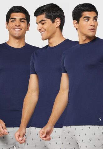 Pacote com 3 camisetas Ralph Lauren masculinas sortidas com gola redonda azul marinho