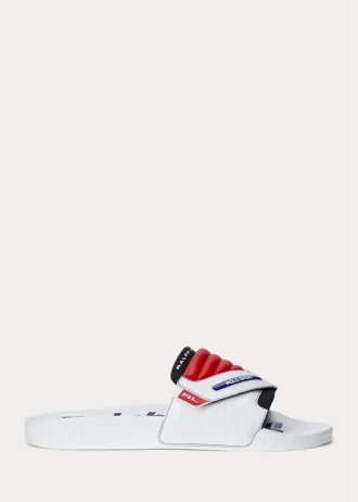 Pantufas Ralph Lauren Moto de couro com blocos de cores para homens, brancas/vermelhas