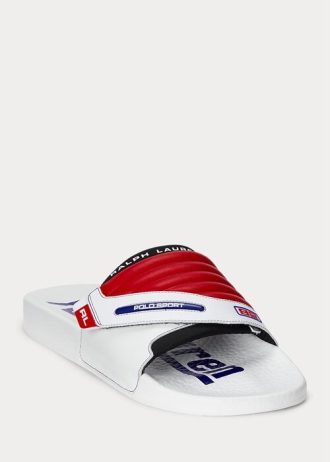 Pantufas Ralph Lauren Moto de couro com blocos de cores para homens, brancas/vermelhas