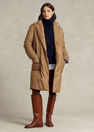 Polo Ralph Lauren cáqui feminino com plumas repelentes à água