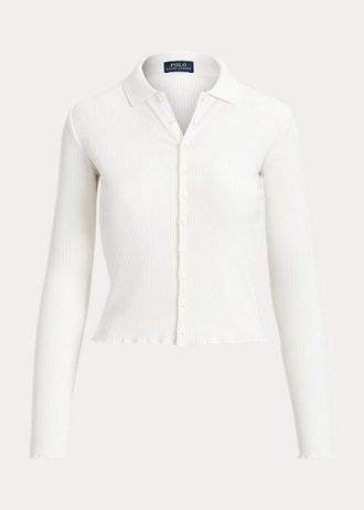 Polo Ralph Lauren Cropped com Botões Frontais e Barra Canelada Branca para Mulheres