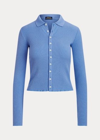 Polo Ralph Lauren Cropped Feminino Azul com Botões Frontais e Canelado