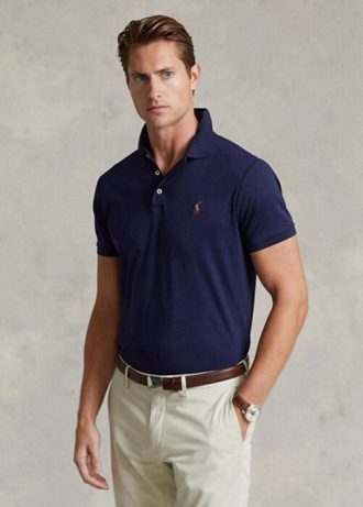 Polo Ralph Lauren Custom Slim Fit de algodão macio masculino azul marinho