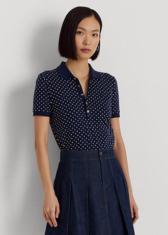 Polo Ralph Lauren feminino de bolinhas em piqué azul marinho