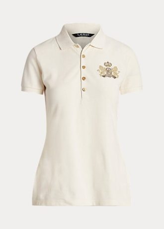 Polo Ralph Lauren feminino em piqué com contas e brasão creme