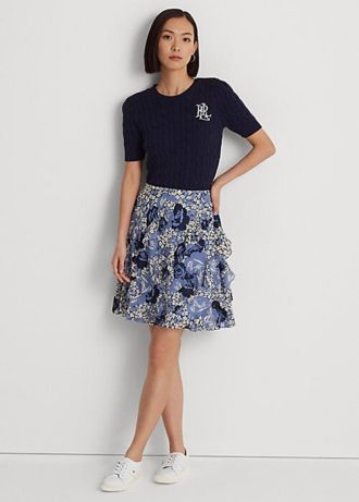 Saias azuis femininas Ralph Lauren com babados florais e acabamento em georgette
