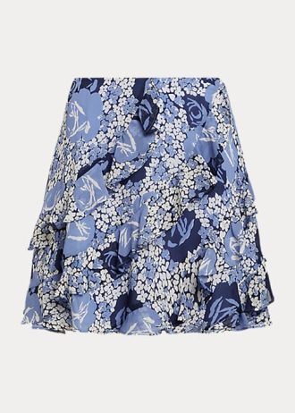 Saias azuis femininas Ralph Lauren com babados florais e acabamento em georgette
