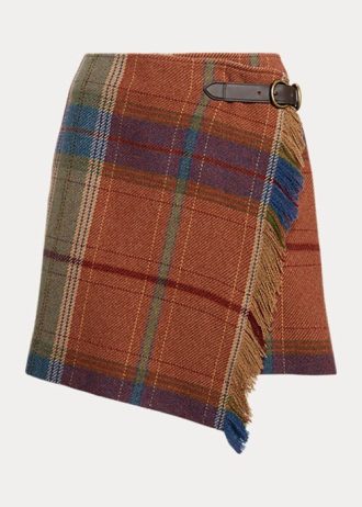 Saias cruzadas femininas multicoloridas Ralph Lauren com franjas e acabamento em couro xadrez