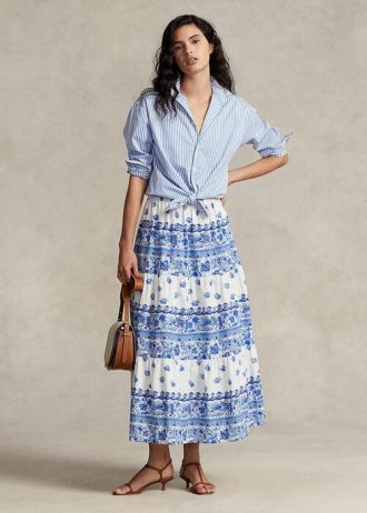 Saias de algodão em camadas com listras florais Ralph Lauren para mulheres azuis
