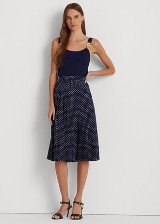 Saias de crepe plissadas com bolinhas Ralph Lauren femininas creme/azul marinho