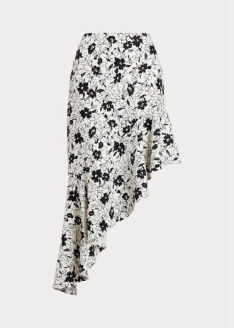 Saias de linho assimétricas com babados florais Ralph Lauren femininas creme/preto