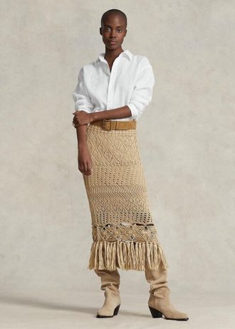 Saias de macramê com franjas em malha Pointelle Ralph Lauren bege para mulheres