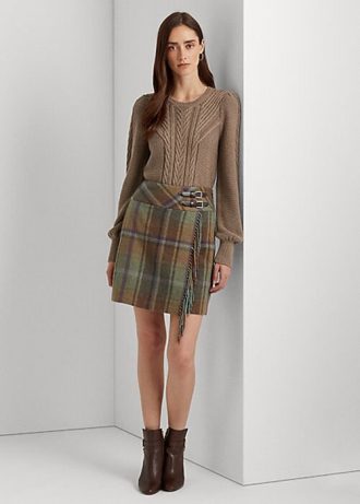 Saias de tweed xadrez com franjas multicoloridas femininas Ralph Lauren