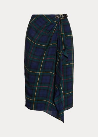 Saias femininas multicoloridas Ralph Lauren xadrez com fivela e acabamento em georgette