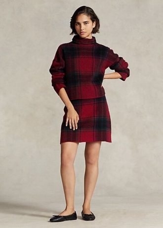 Saias femininas vermelhas Ralph Lauren xadrez mistura de alpaca
