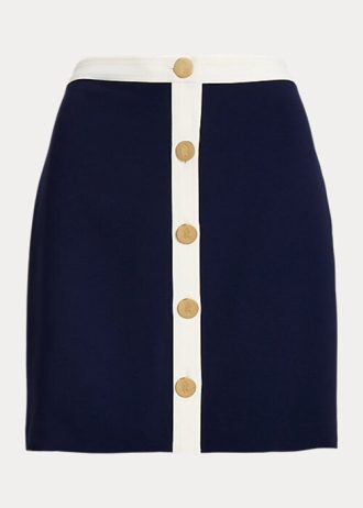 Saias lápis de crepe bicolor com botões frontais e botões Ralph Lauren creme/azul marinho para mulheres