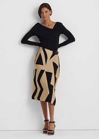 Saias lápis femininas Ralph Lauren com estampa geométrica e mistura de algodão, pretas/marrons
