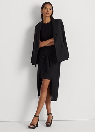 Saias midi de malha elástica com amarração frontal pretas femininas Ralph Lauren