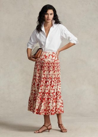 Saias midi plissadas em cetim com estampa Ralph Lauren Rose para mulheres