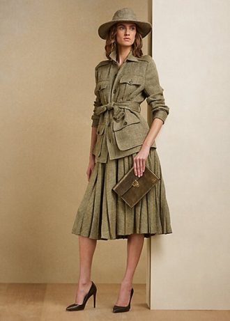 Saias plissadas Ralph Lauren Arnav de sarja quebrada Olive para mulheres