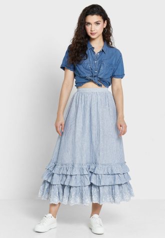 Saias Ralph Lauren azuis femininas com babados e cintura alta