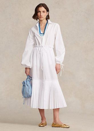 Saias Ralph Lauren brancas femininas com bainha plissada e cordão em linha A