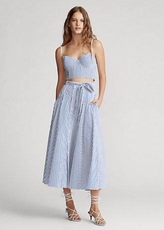 Saias Ralph Lauren listradas de algodão em linha A, brancas/azuis, femininas
