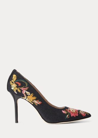 Salto alto feminino preto Ralph Lauren Lindella II com bordado e camurça
