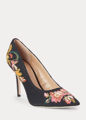 Salto alto feminino preto Ralph Lauren Lindella II com bordado e camurça