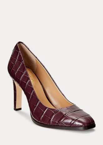 Salto alto feminino Ralph Lauren Camila em couro com relevo vermelho escuro
