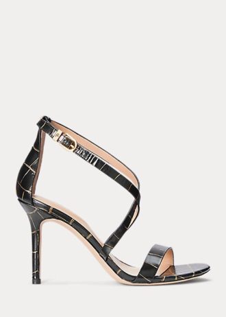 Salto alto feminino Ralph Lauren Gabriele em couro com relevo, preto/dourado