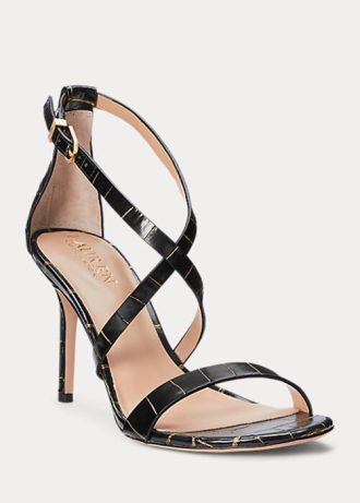 Salto alto feminino Ralph Lauren Gabriele em couro com relevo, preto/dourado