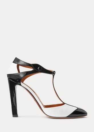 Salto alto feminino Ralph Lauren Haskell em couro de bezerro com blocos de cores, preto/branco