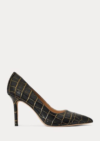 Salto alto feminino Ralph Lauren Lindella em couro com relevo, preto/dourado