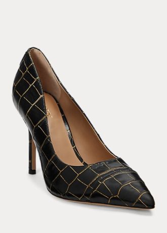 Salto alto feminino Ralph Lauren Lindella em couro com relevo, preto/dourado