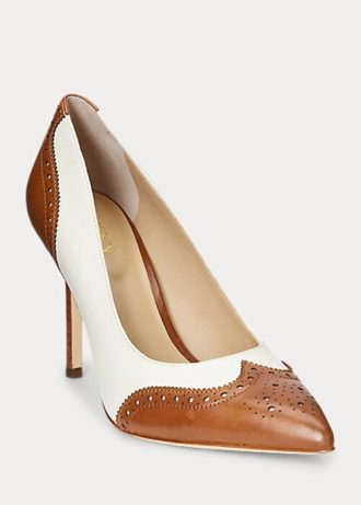 Salto alto feminino Ralph Lauren Lynden Nappa e couro polido bege/branco