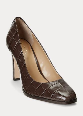 Saltos de couro com relevo Ralph Lauren Camila Chocolate para mulheres