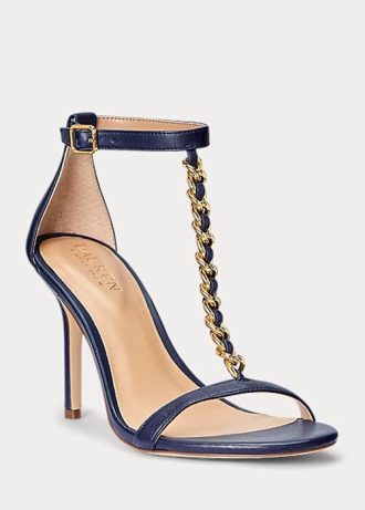 Sandálias de couro Ralph Lauren Kate Nappa femininas azul-marinho