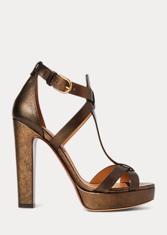 Sandálias femininas Ralph Lauren Dakota Metallic Calfskin Copper