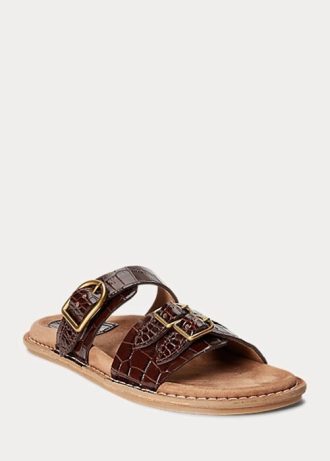 Sandálias femininas Ralph Lauren Ezra em couro com relevo de crocodilo marrom