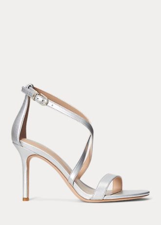 Sandálias femininas Ralph Lauren Gabriele de couro metálico prateado
