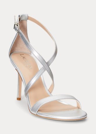 Sandálias femininas Ralph Lauren Gabriele de couro metálico prateado