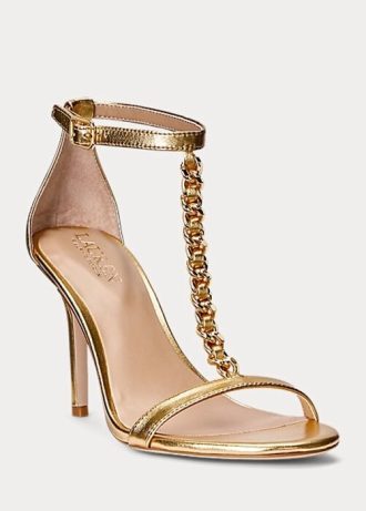 Sandálias femininas Ralph Lauren Kate Metallic Nappa Leather Gold