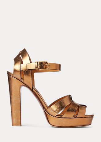 Sandálias Ralph Lauren Callahan metálicas de couro de bezerro femininas douradas